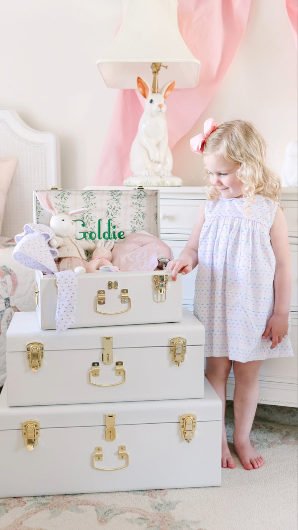 Petite Keep Mini, Petite, and Grand Trunks in White with Darling Dogwood Personalization